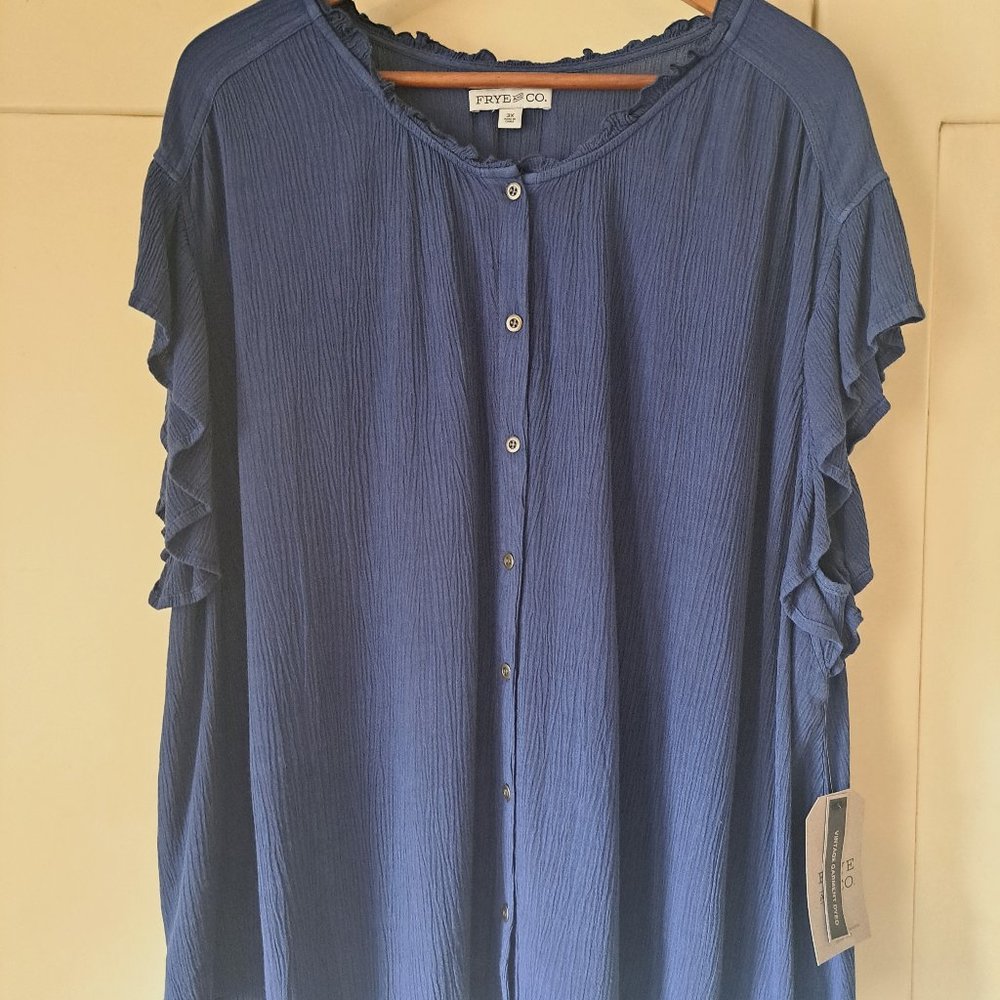 Freye & Co Women's Navy Ruffle Short Sleeve Button Down Top Sz 3X